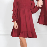 Kid's Smocked Dress Long Sleeve Pocket Crepe Ruffle Midi