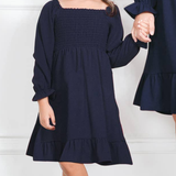 Kid's Smocked Dress Long Sleeve Pocket Crepe Ruffle Midi